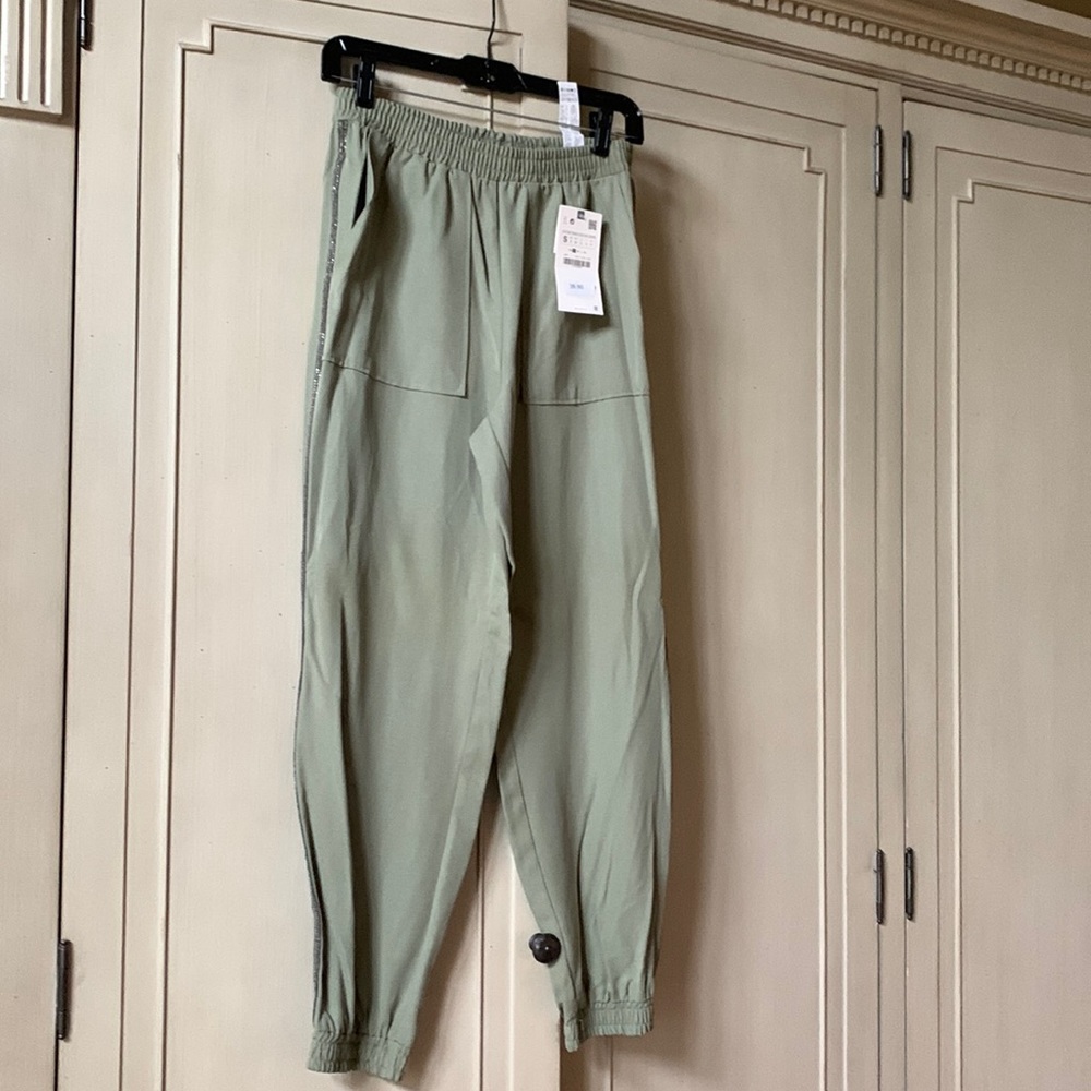 Zara Olive Pull on Pant Jogger with Bead Detail Small